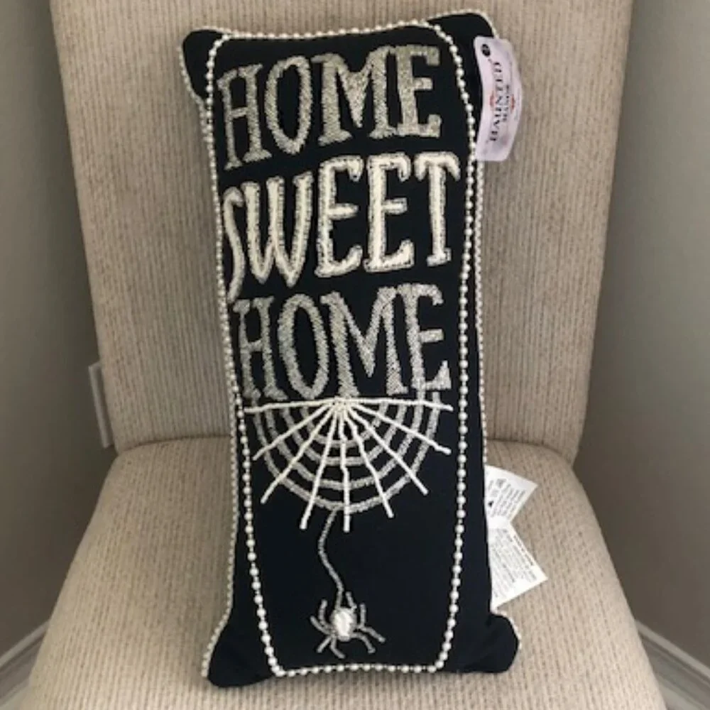 Haunted Manor Home Sweet Home Beaded Halloween Throw Pillow 19x8 Black Silver